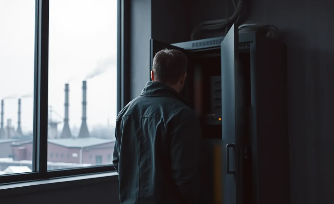 Technik przy otwartej szafie serwerowej w zakładzie, za oknem kominy śląskiej huty